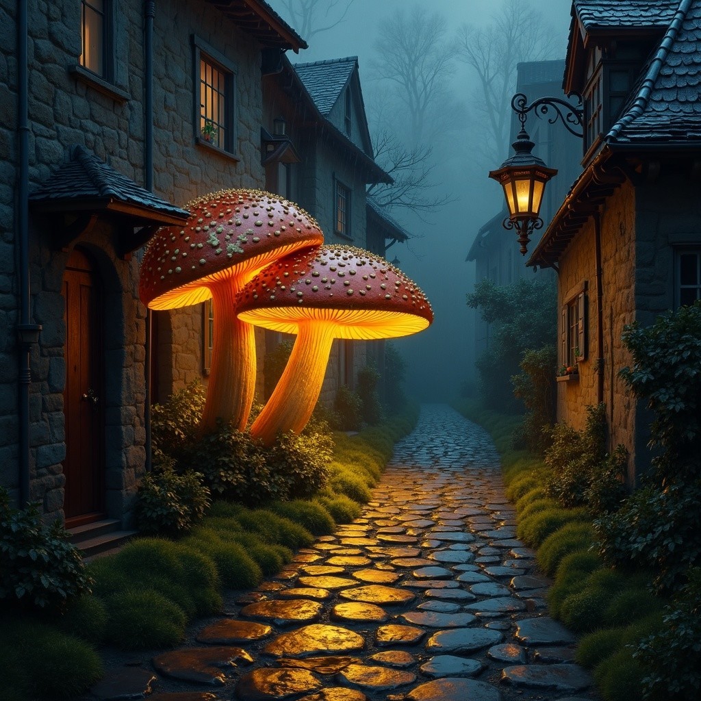 Misty Village Pathway with Charming Cottages and Mushrooms