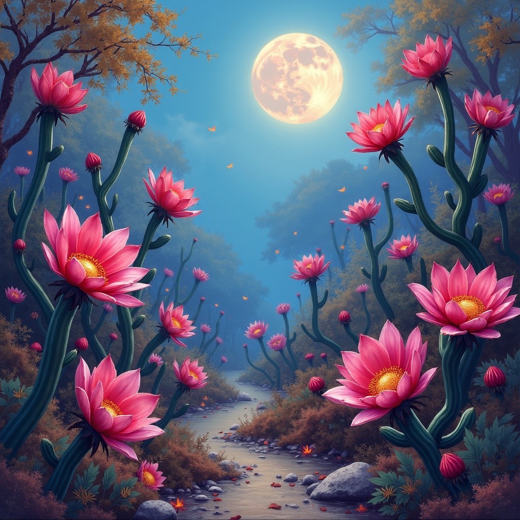 Tranquil Nighttime Scene with Lotus Flowers and Moon