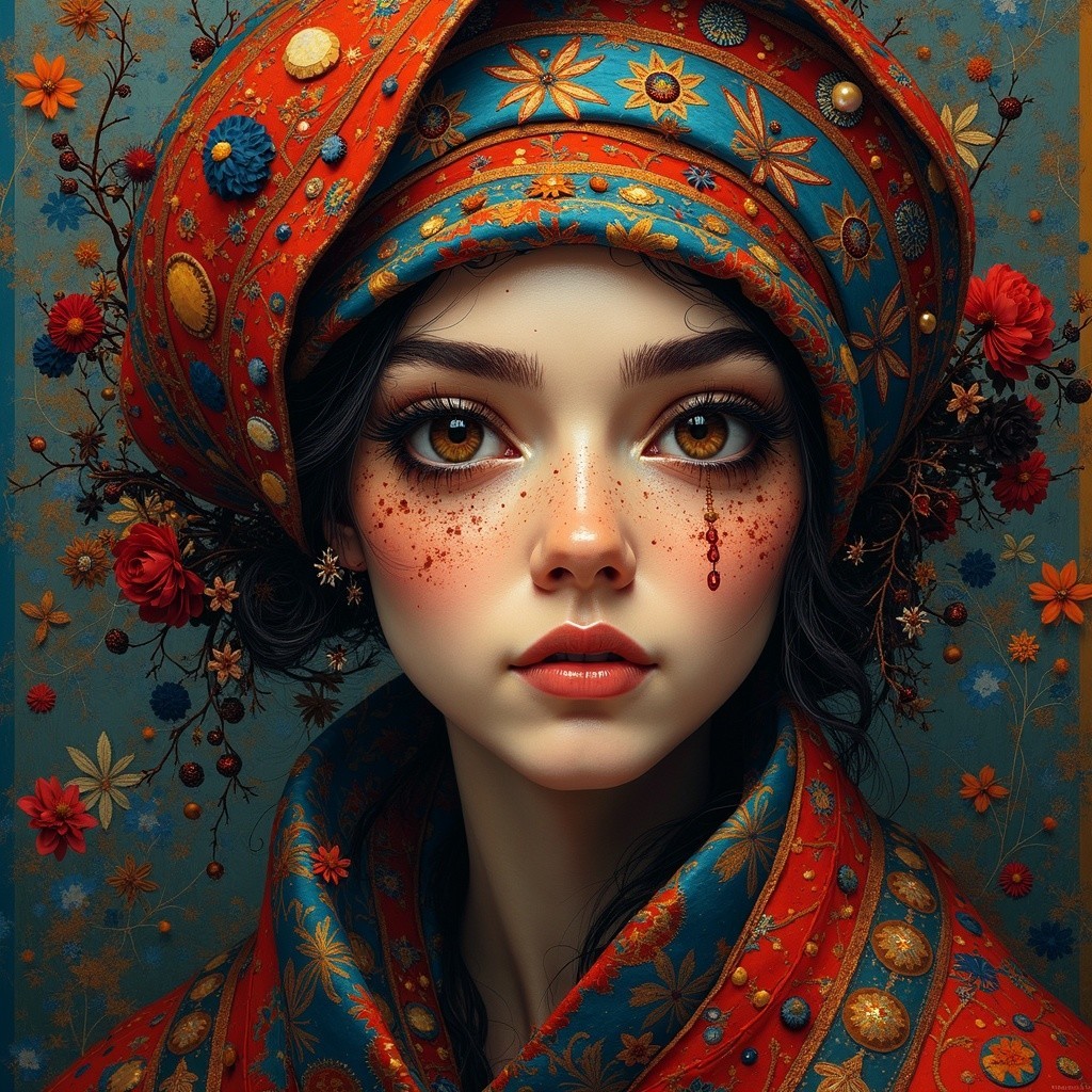 Young Woman in Colorful Floral Headscarf and Makeup