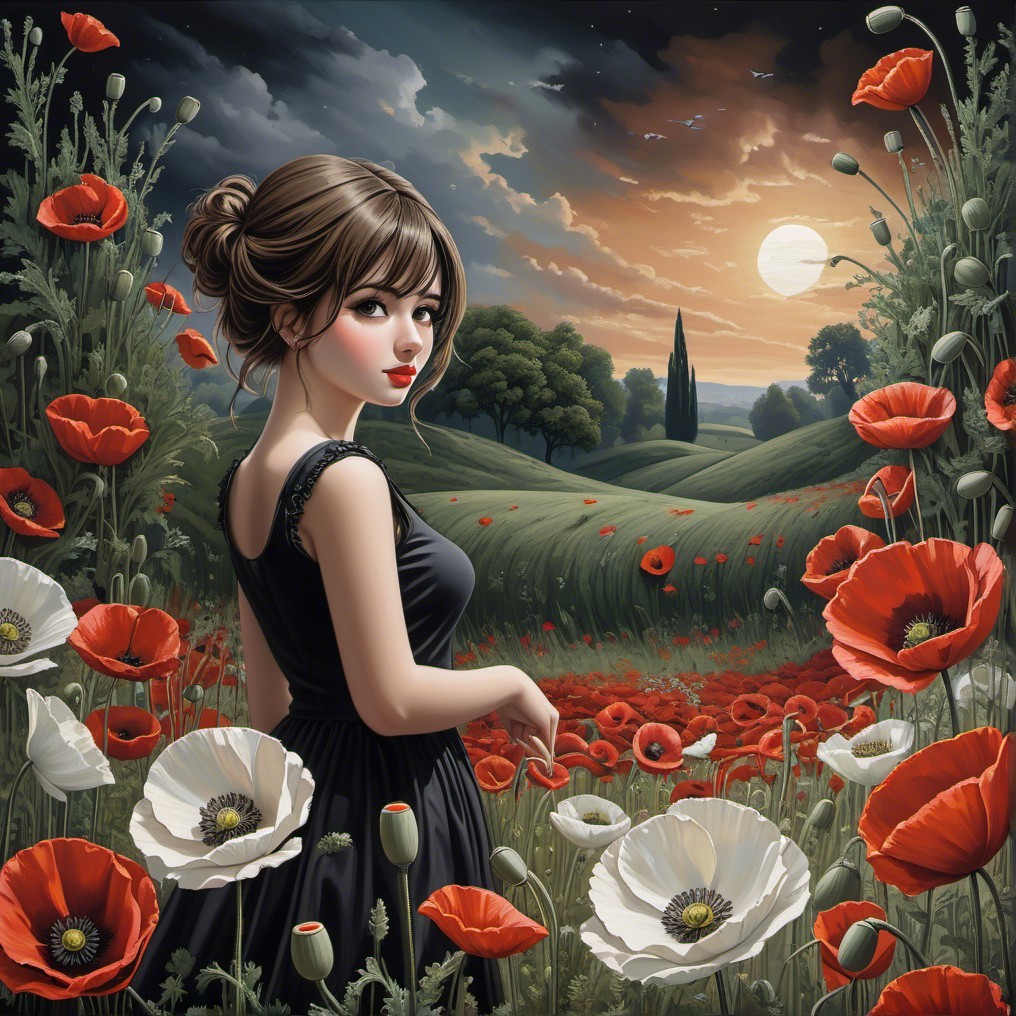 Young Woman in Black Dress Amidst Poppy Field at Sunset