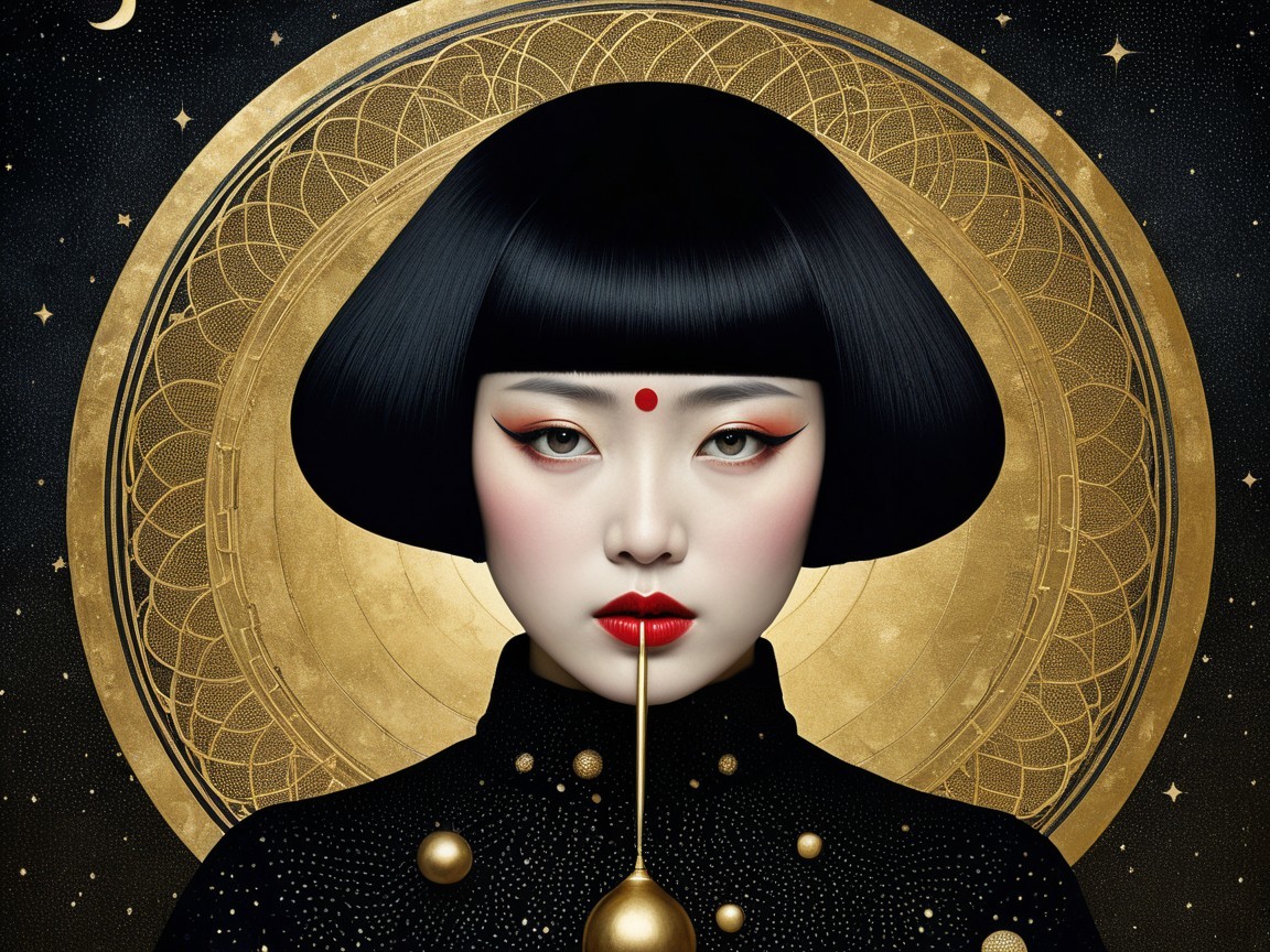 Portrait of a Young Woman with Black Bob and Gold Patterns