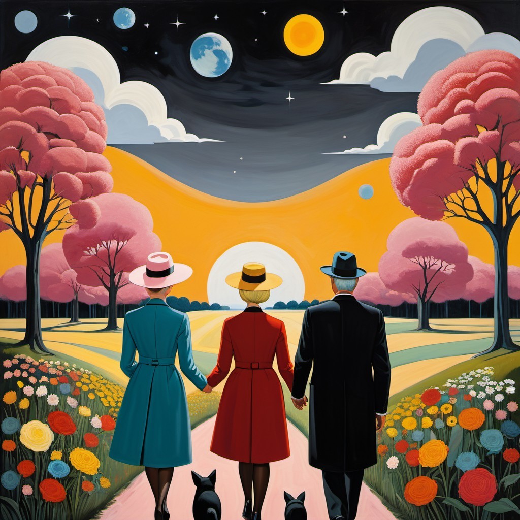 Couple in Vintage Attire in Surreal Landscape with Cats