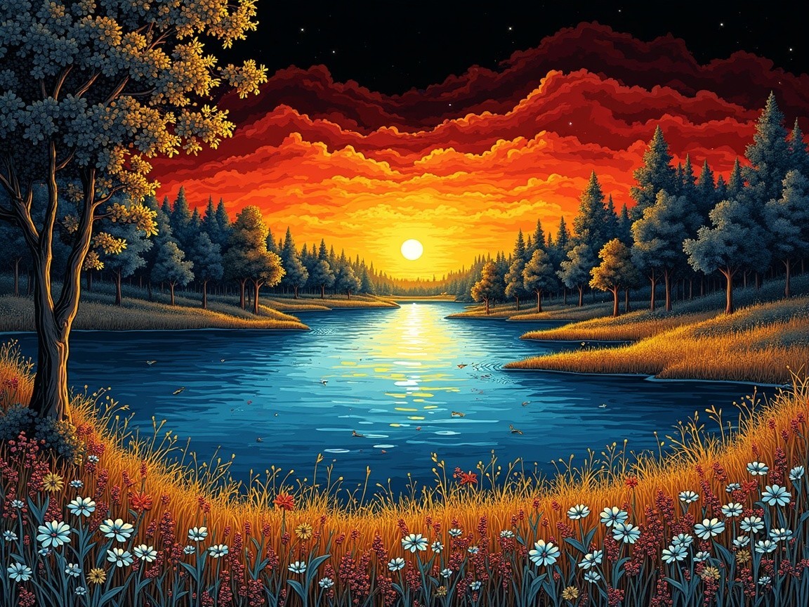 Serene Sunset Landscape with Vibrant Cloud Reflections