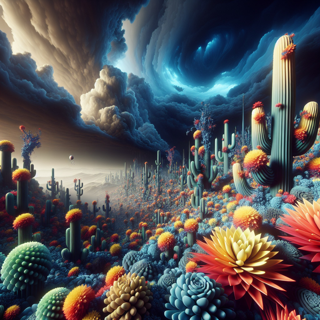 Surreal Landscape with Vibrant Cacti and Ethereal Sky