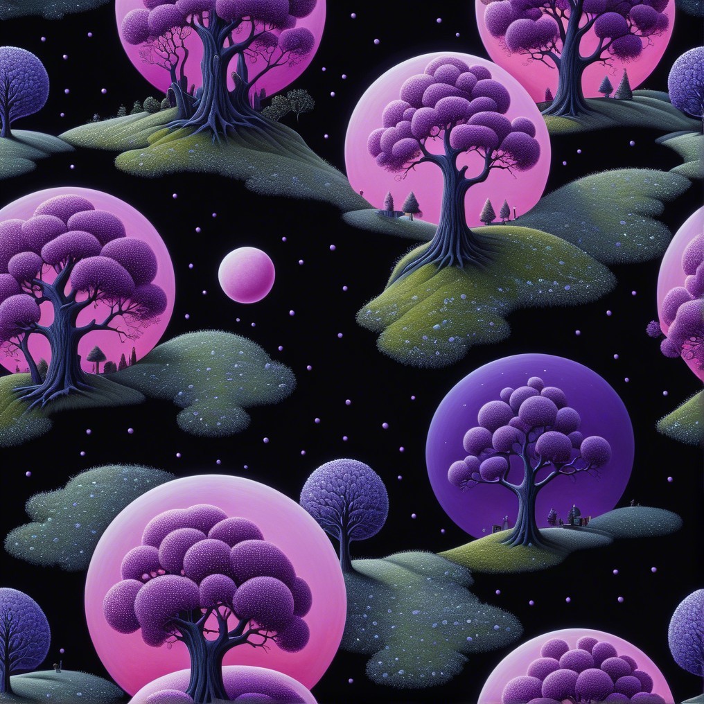 Surreal Landscape with Whimsical Trees and Spheres