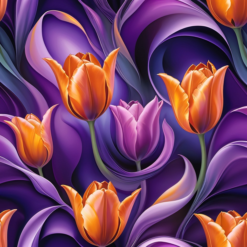 Vibrant Tulips in Orange and Purple with Abstract Waves
