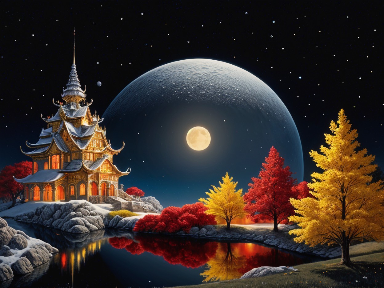 Serene Night Scene of Temple by Tranquil Lake