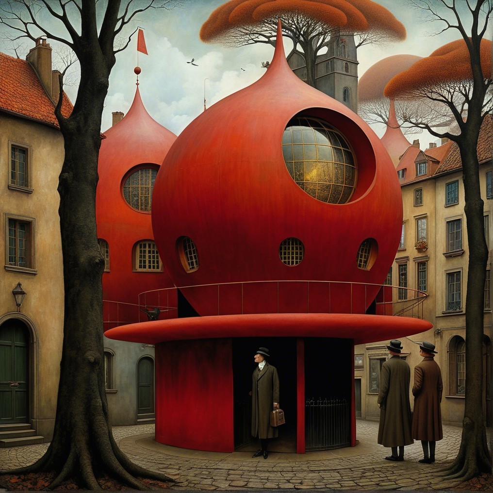 Surreal Urban Landscape with Unique Red Structure