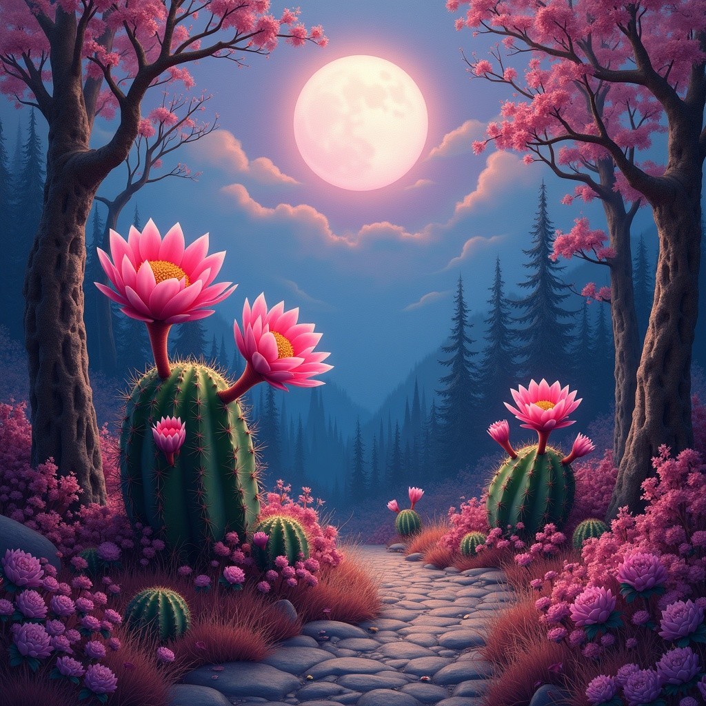 Moonlit Serenity: Lotus and Blossoms Path