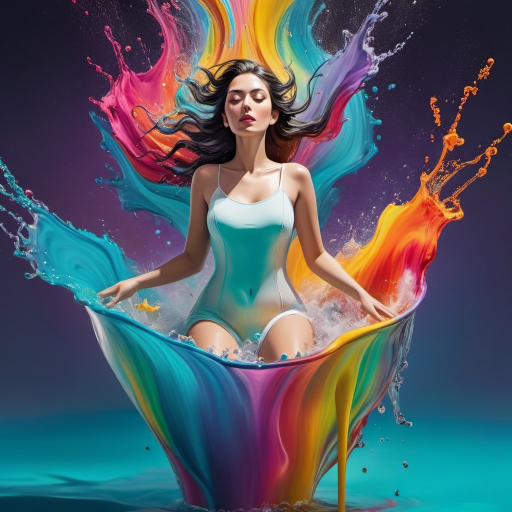Woman in Blue Swimsuit in Colorful Bowl Scene