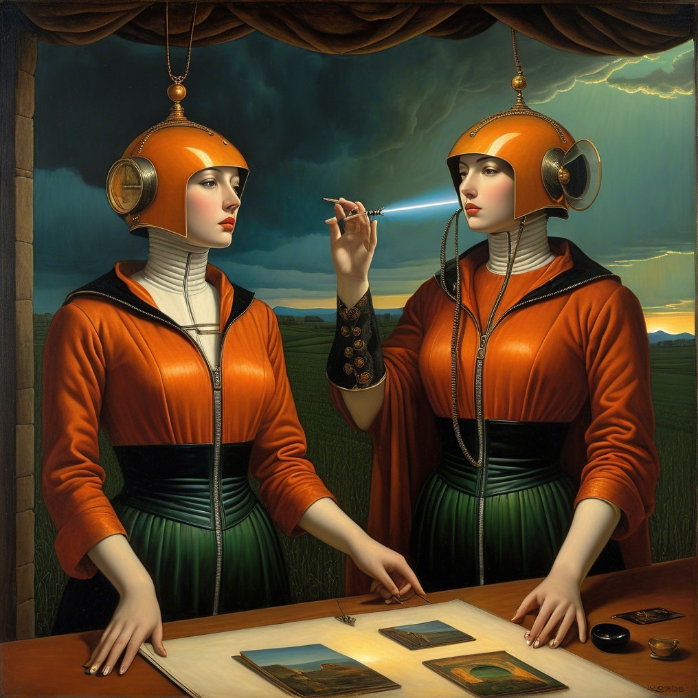 Futuristic Figures in Dramatic Landscape with Artworks