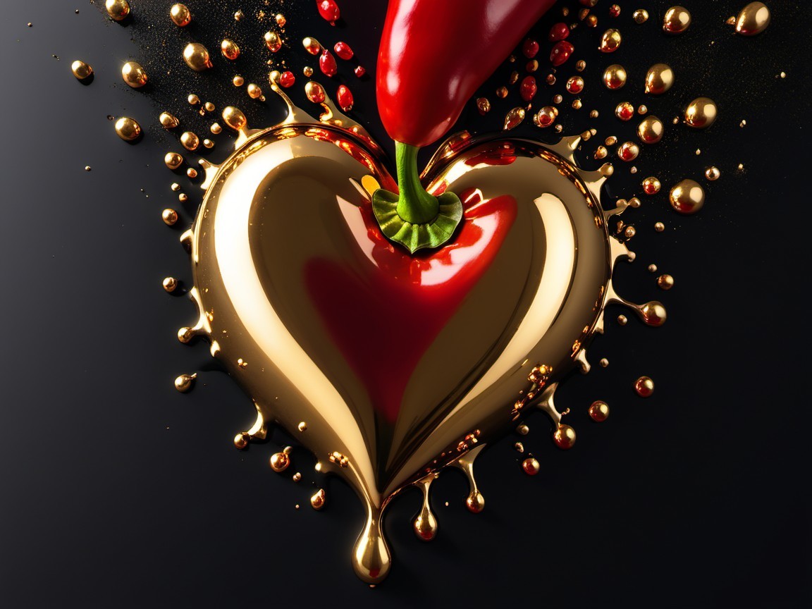 Golden Heart Surrounded by Red Chili Peppers and Glossy Drops