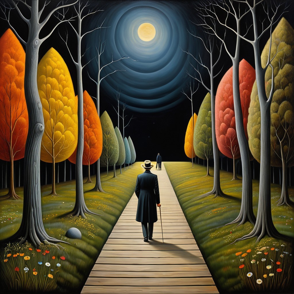 Surreal Autumn Scene with Figures on Winding Path