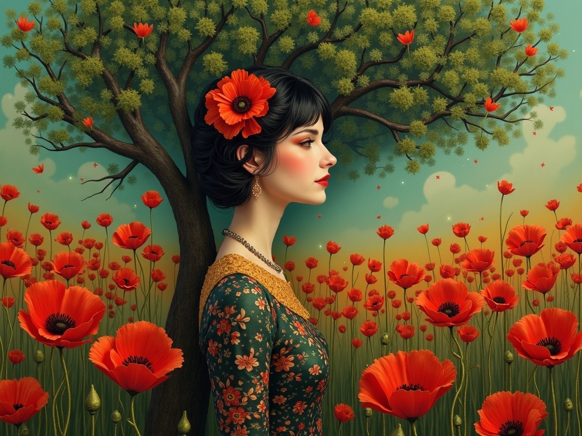 Serene Woman in Floral Dress Among Red Poppies