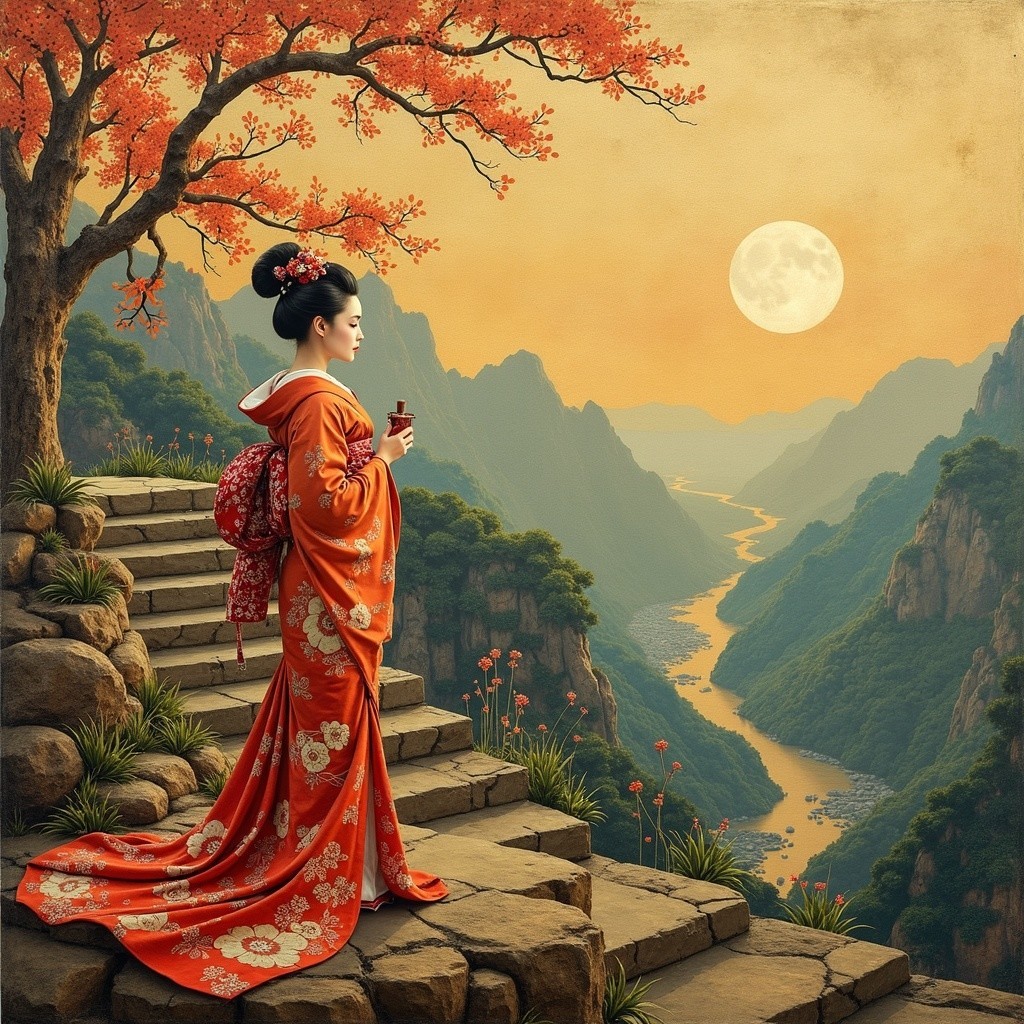 Woman in Red Kimono by Moonlit River Landscape