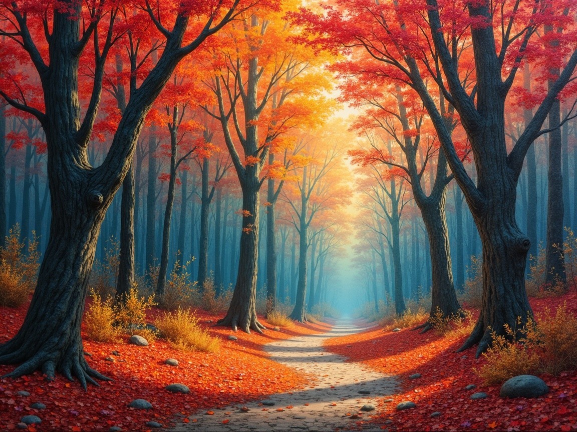 Serene forest path with autumn leaves and misty blues