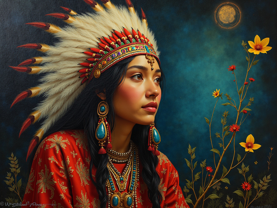 Young woman in traditional attire with feather headdress