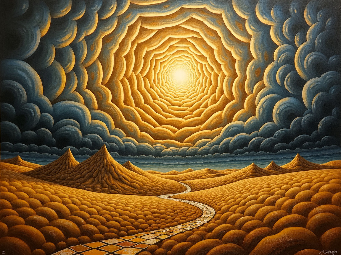 Surreal Landscape with Golden Sand and Vortex Clouds