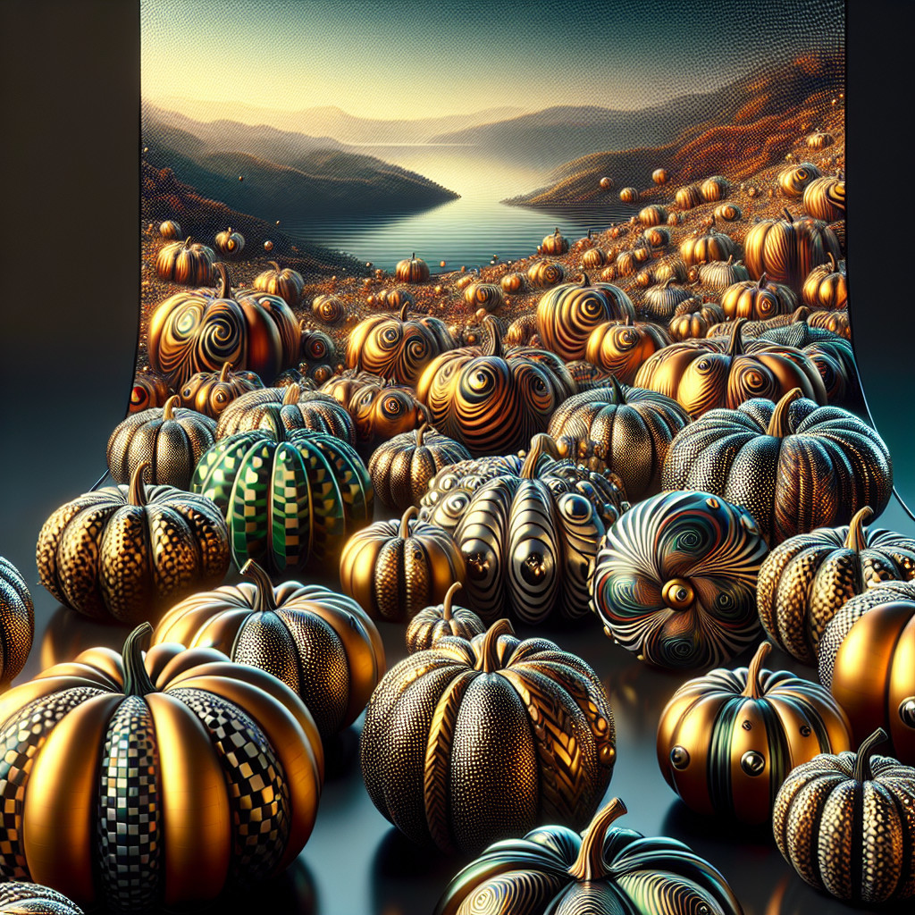 Surreal Landscape with Intricate Golden Pumpkins