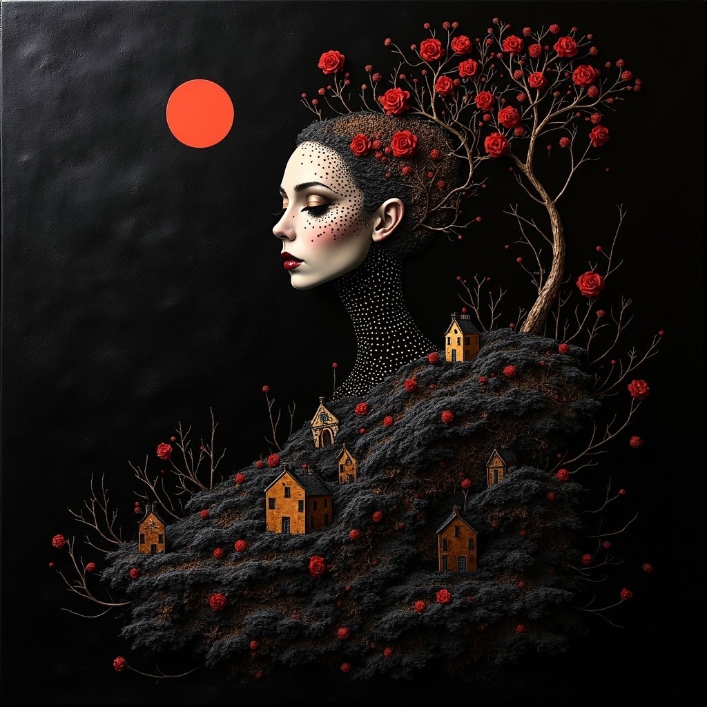 Surreal Artwork of Woman with Tree and Roses