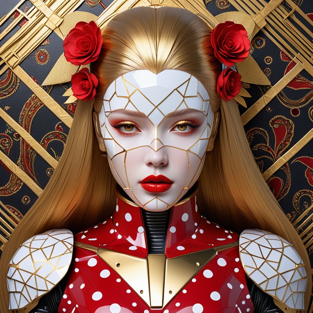 Futuristic Character with Geometric Patterns and Roses