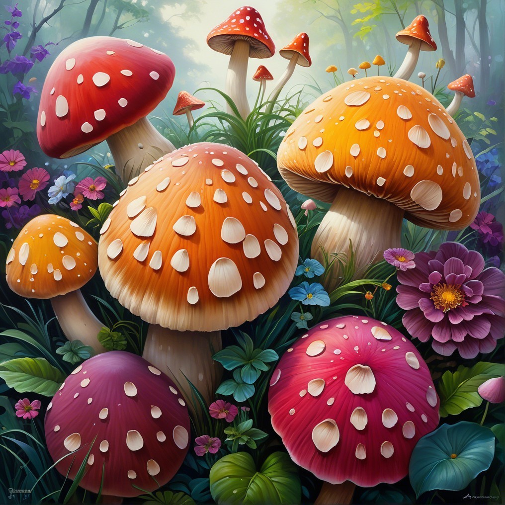Vibrant Forest Scene with Colorful Oversized Mushrooms