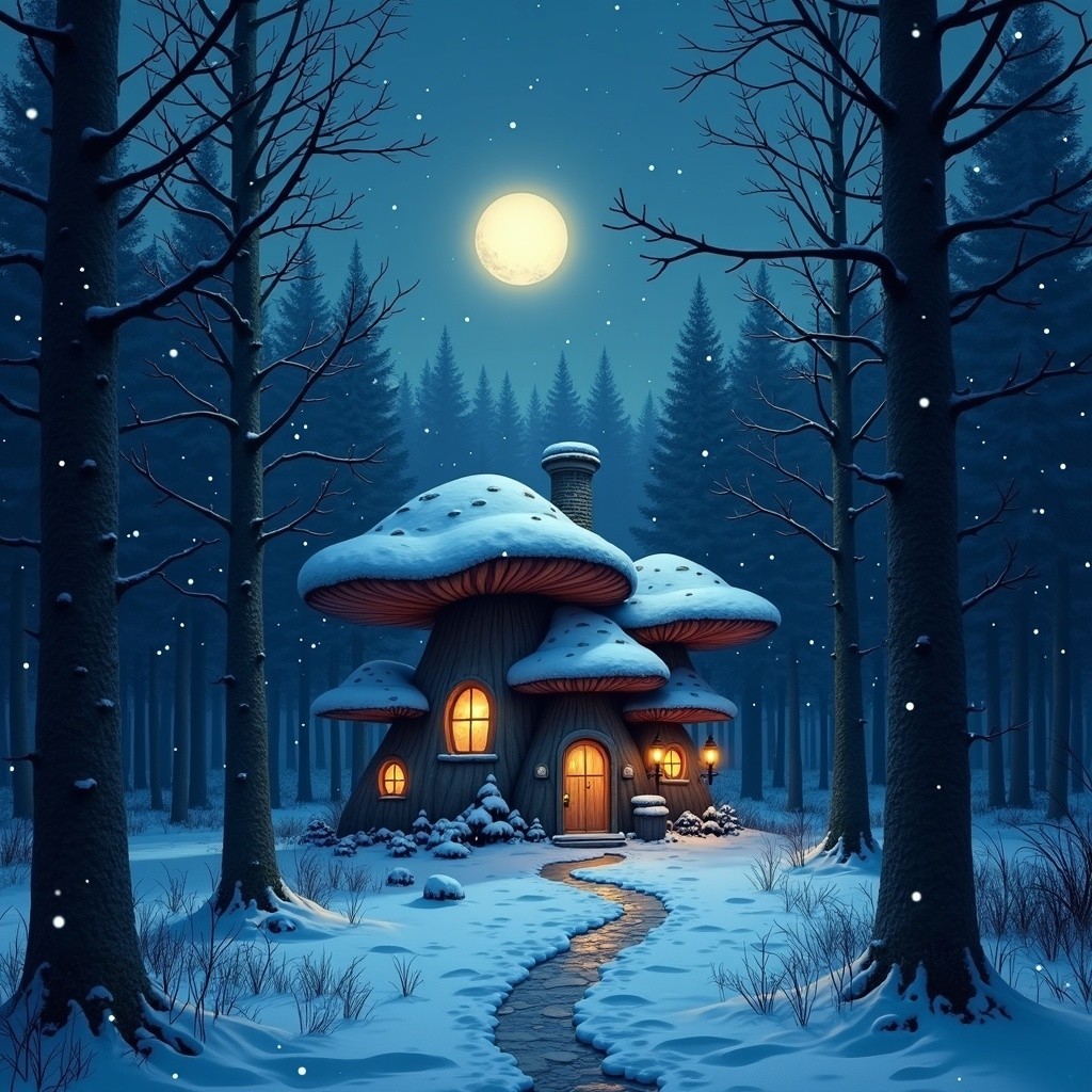 Whimsical Mushroom House in a Snowy Forest Setting