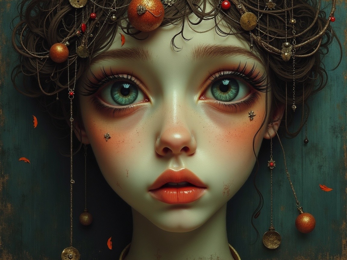 Portrait of a girl with green eyes and autumn leaves