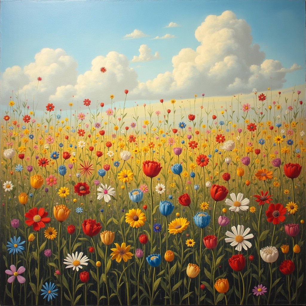 Vibrant Wildflower Field Under Blue Sky and Clouds