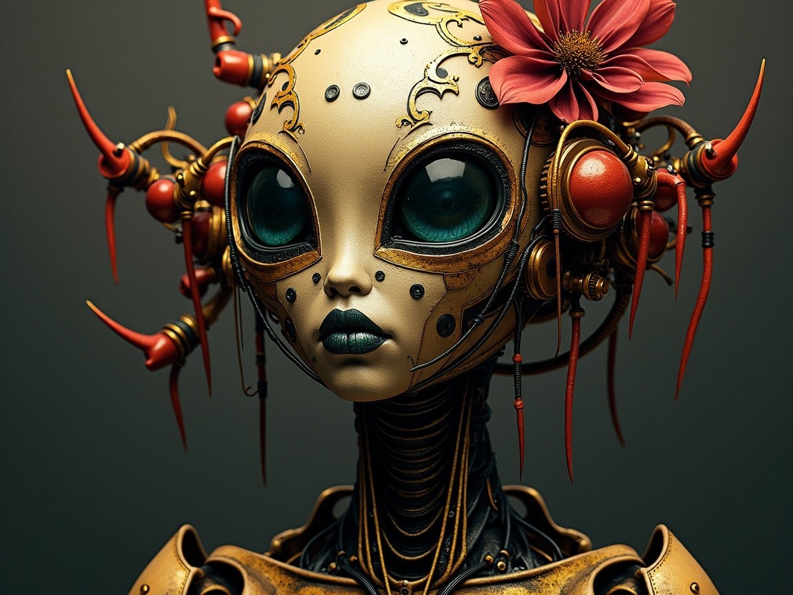 Stylized humanoid robot with floral and mechanical details