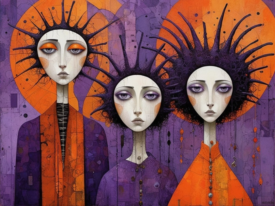 Stylized Figures with Vibrant Halos and Patterns