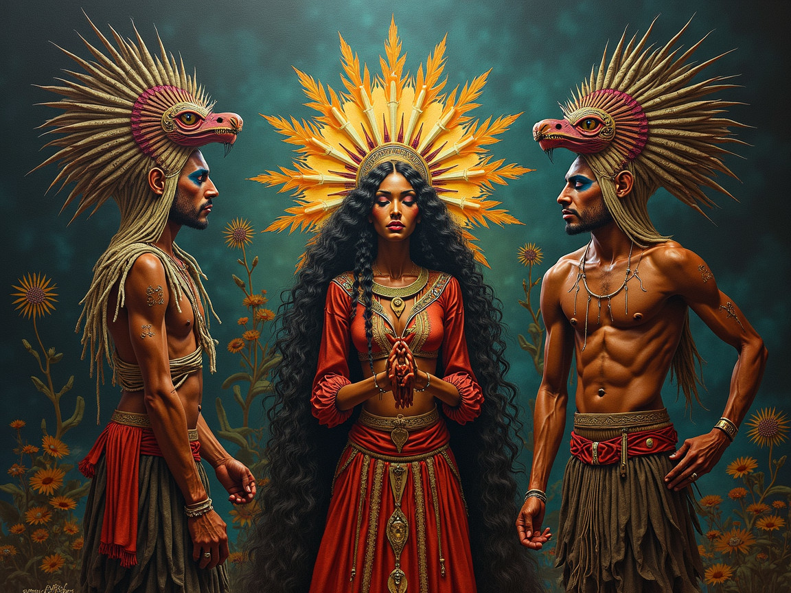 Three Figures in Traditional Attire with Vibrant Colors