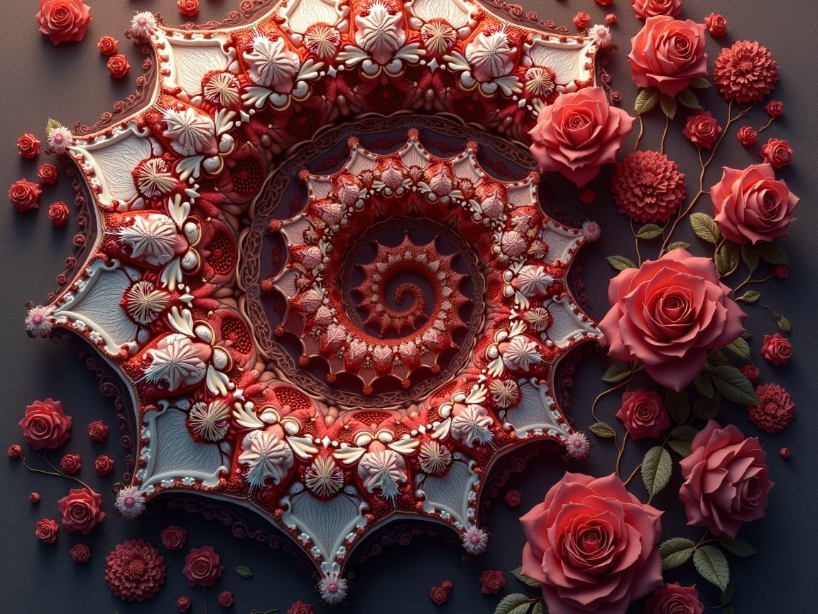 Intricate Mandala Design with Red Floral Elements