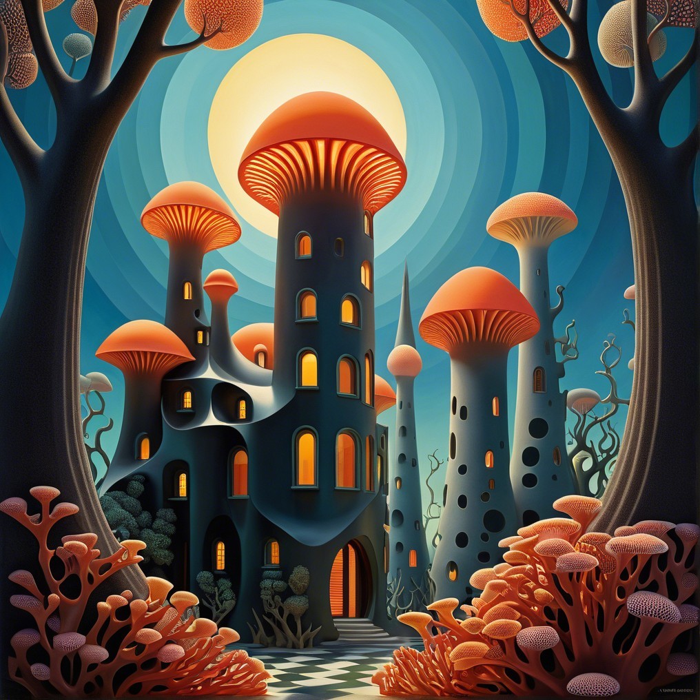 Whimsical Landscape with Mushroom Structures and Moon