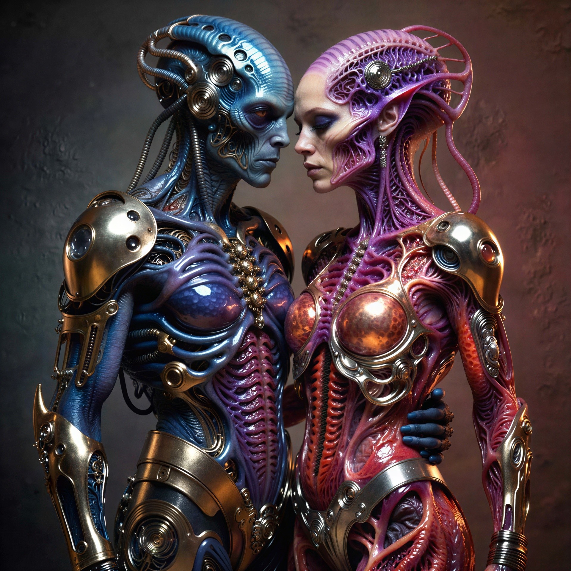 Close-up of Two Biomechanical Humanoid Aliens