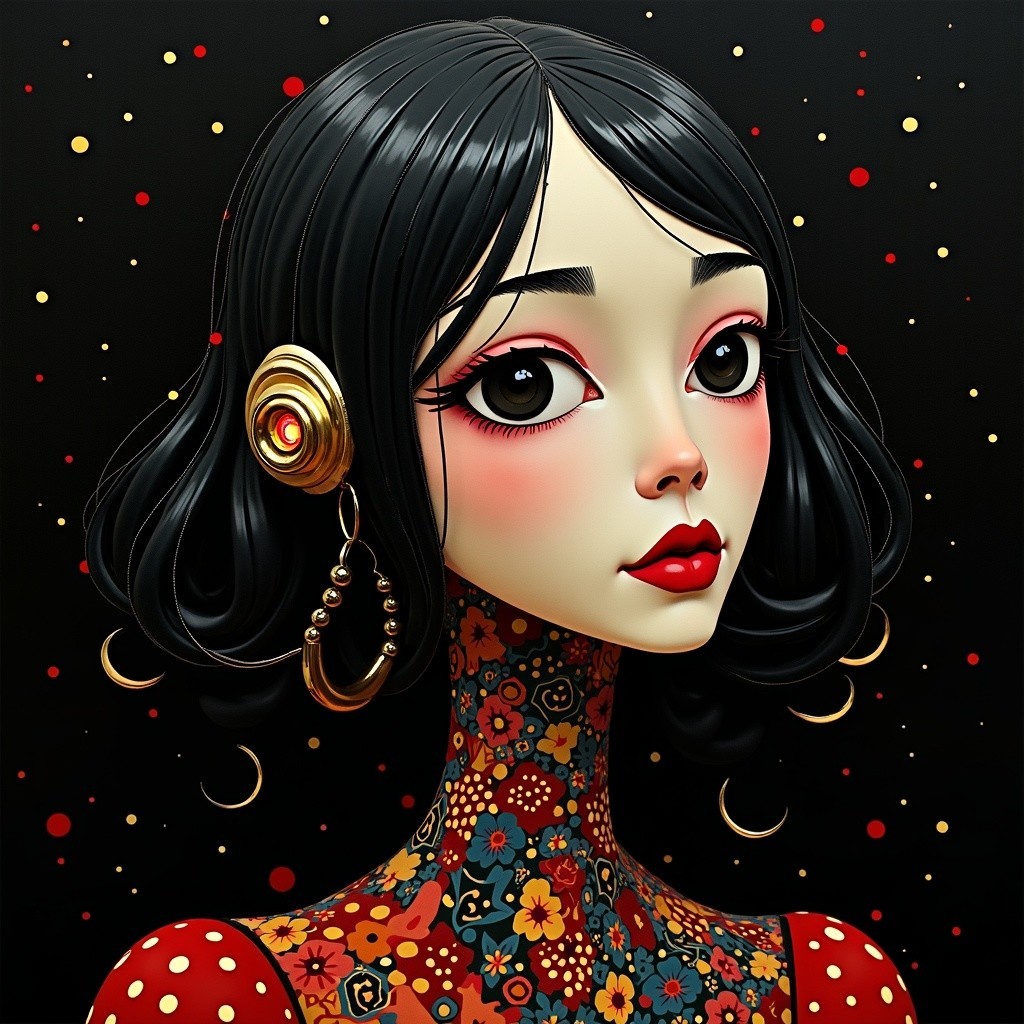 Stylized portrait of a woman with black hair and red outfit