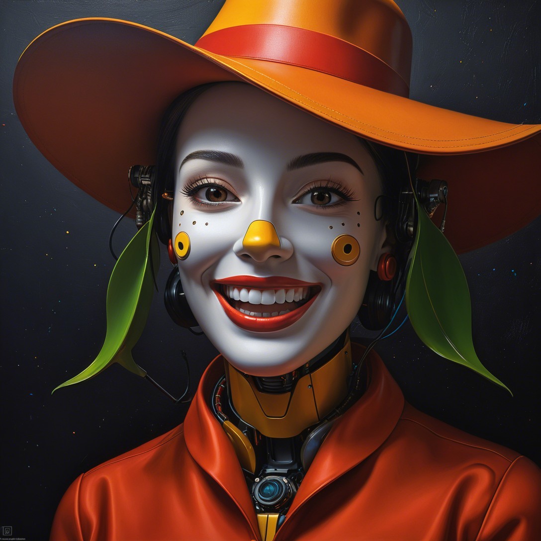 Close-up of a female robot with vibrant features