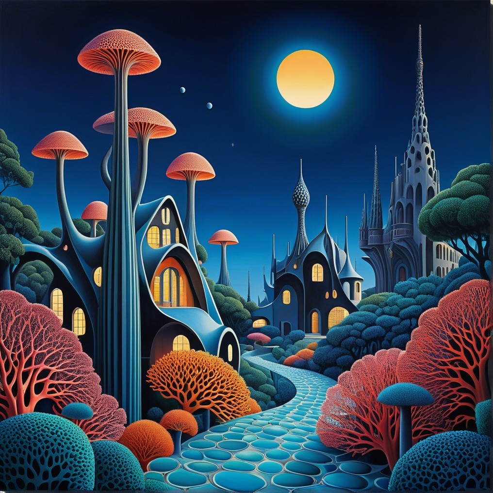 Whimsical Otherworldly Landscape with Colorful Mushrooms