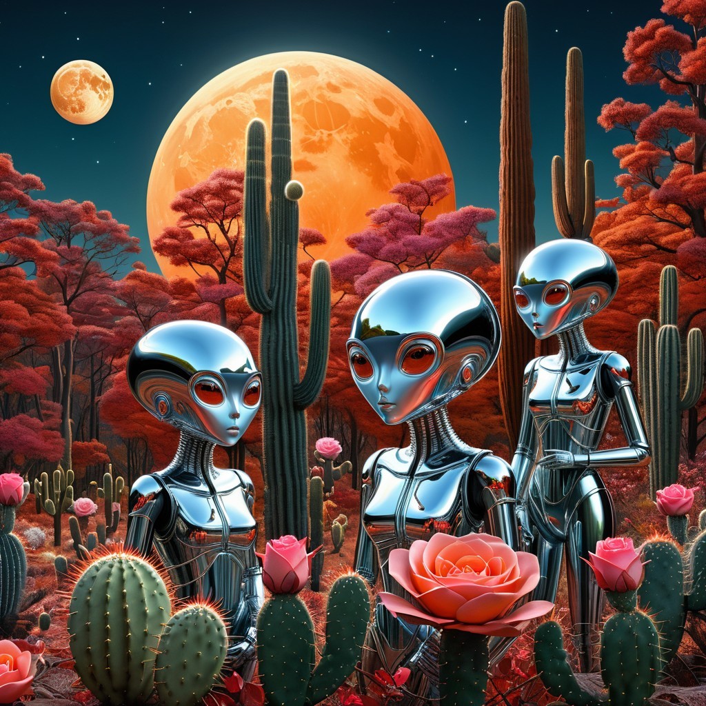 Surreal Desert Scene with Metallic Aliens and Cacti