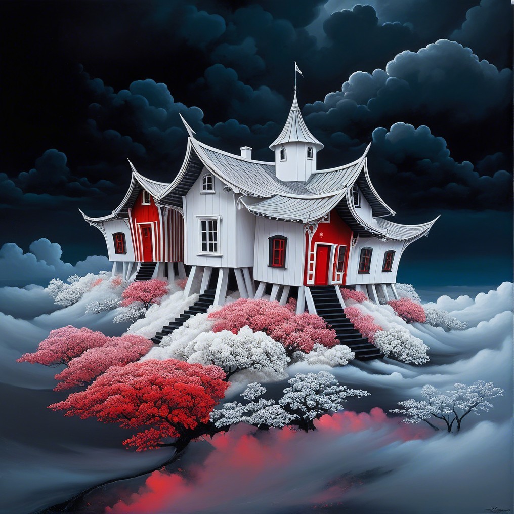 Whimsical House Amid Clouds and Vibrant Trees