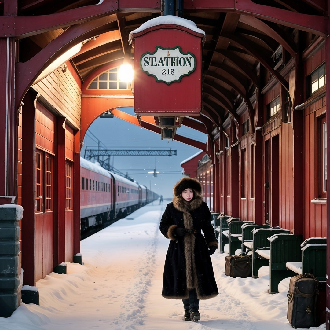 Snowy Train Station with Vintage Suitcases and Architecture