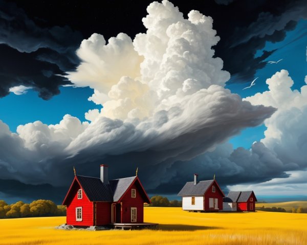 Vibrant Yellow Fields and Quaint Houses Under Clouds