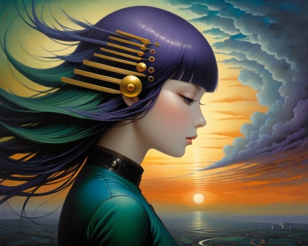 Profile of a Woman with Long Hair at Sunset