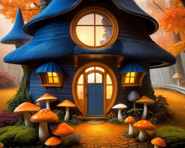 Whimsical cottage with blue mushroom roof in forest