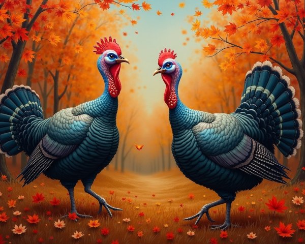 Autumn Landscape with Turkeys and Colorful Foliage