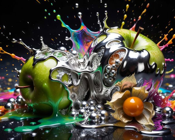 Green Apples with Colorful Juices and Silver Liquid