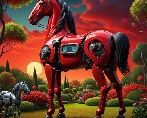 Red Robotic Horse in Garden at Sunset Scene