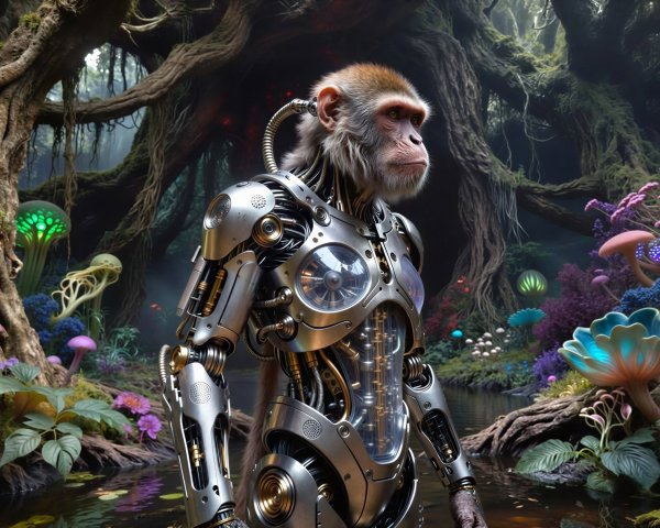 Cyborg Monkey in a Glowing Fantasy Jungle Setting