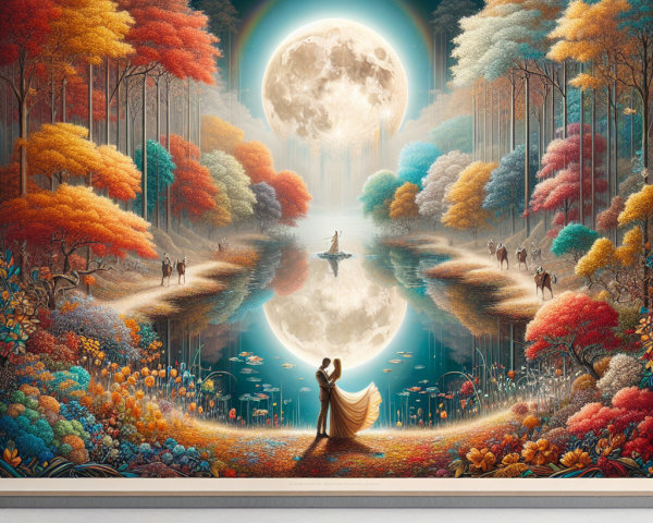 Couple Dancing by a Moonlit Autumn Lake Scene
