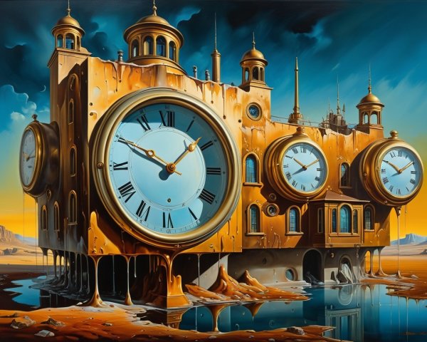 Surreal Landscape with Melting Clock-Shaped Building